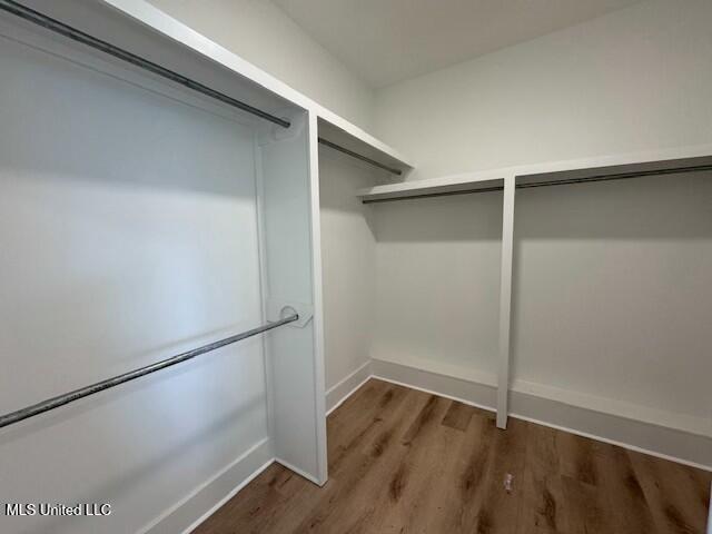 walk in closet with dark hardwood / wood-style flooring