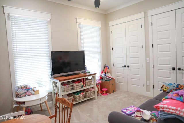 interior space featuring ceiling fan, baseboards, multiple closets, and ornamental molding