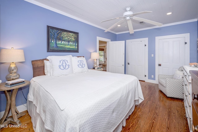 319 Washington Ave, Ocean Springs, MS 39564 - bedroom with wood finished floors, recessed lighting, ornamental molding, and ceiling fan