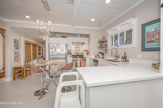 319 Washington Ave, Ocean Springs, MS 39564 - kitchen with appliances with stainless steel finishes, light wood-style floors, a sink, under cabinet range hood, and a peninsula