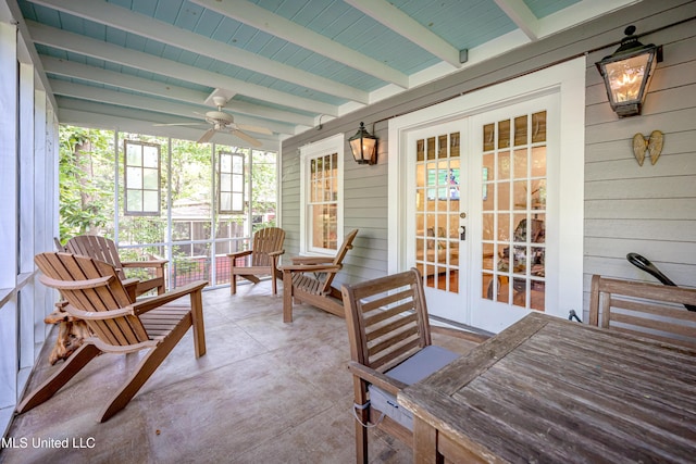 319 Washington Ave, Ocean Springs, MS 39564 - sunroom with french doors, a ceiling fan, and beam ceiling