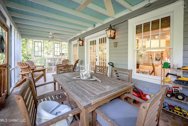 319 Washington Ave, Ocean Springs, MS 39564 - sunroom featuring ceiling fan, beam ceiling, french doors, and outdoor dining area