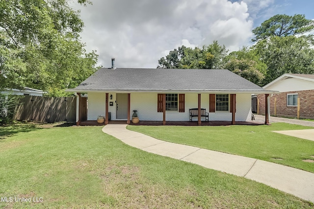 ranch-style home with a porch and a front yard