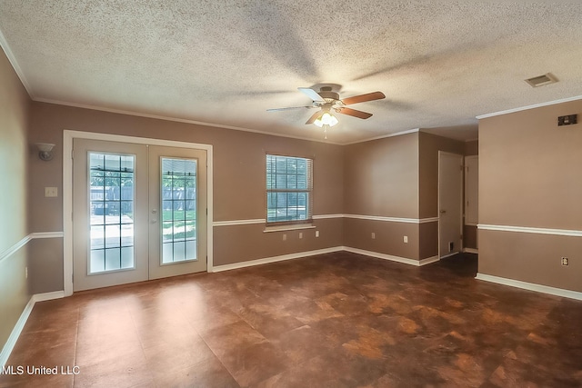 unfurnished room with french doors, a textured ceiling, ceiling fan, and crown molding