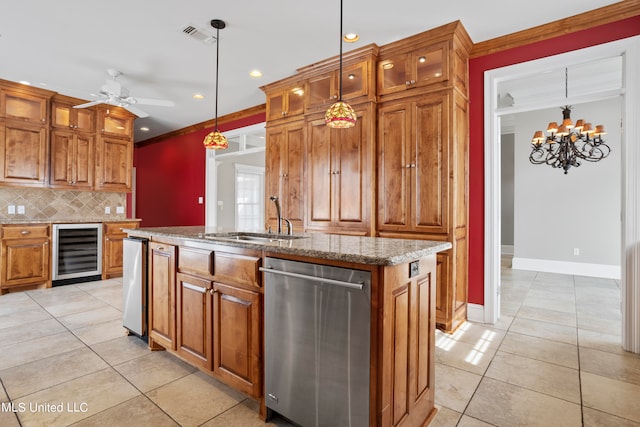 kitchen featuring wine cooler, a center island with sink, stainless steel dishwasher, ornamental molding, and sink