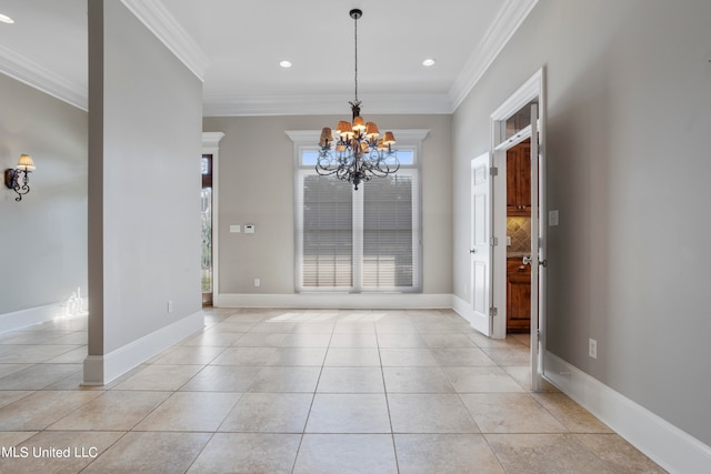 unfurnished dining area featuring crown molding, light tile patterned flooring, and a notable chandelier