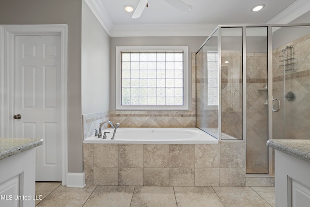 bathroom featuring vanity, independent shower and bath, and ornamental molding