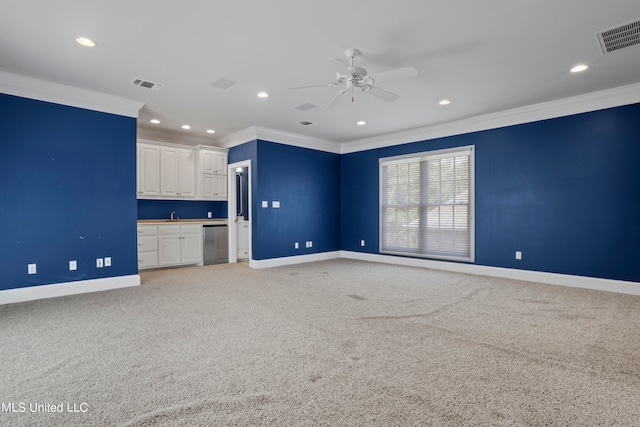 unfurnished living room featuring light carpet, crown molding, and ceiling fan