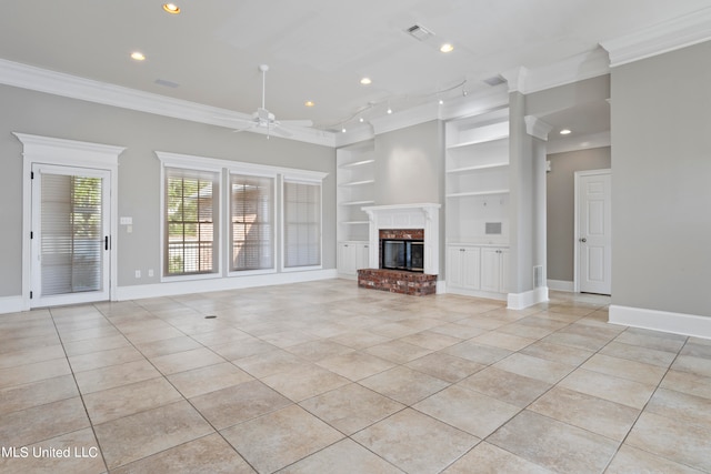 unfurnished living room featuring crown molding, built in features, light tile patterned flooring, and ceiling fan