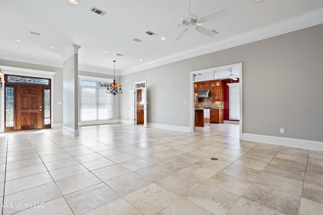 interior space featuring crown molding and ceiling fan with notable chandelier