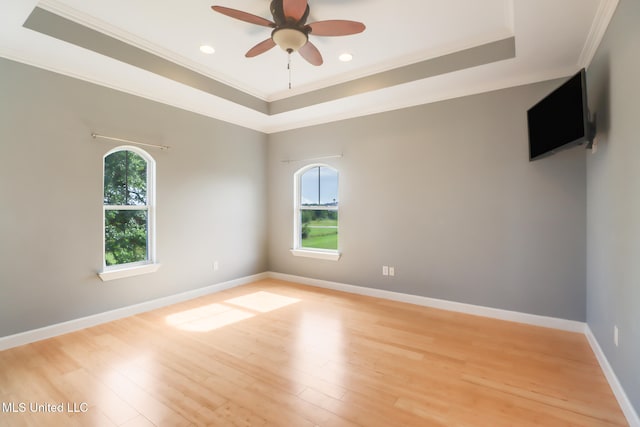 103 Buena Vista Dr, Long Beach, MS 39560 - unfurnished room featuring crown molding, a tray ceiling, light wood-style floors, a ceiling fan, and recessed lighting