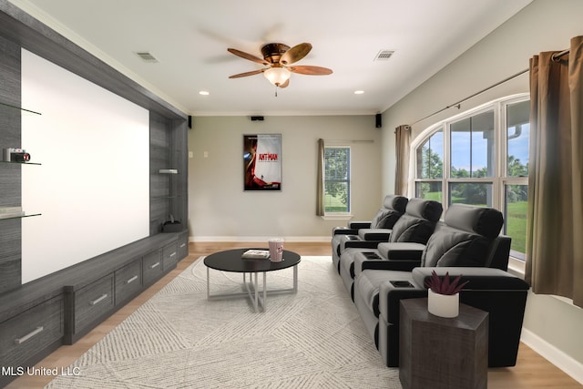 103 Buena Vista Dr, Long Beach, MS 39560 - cinema with a ceiling fan, light wood-style floors, ornamental molding, and recessed lighting
