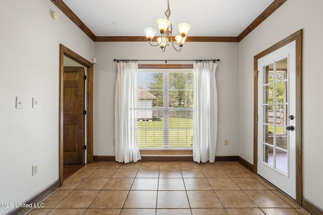 221 Penny Ln, Brandon, MS 39042 - unfurnished dining area featuring ornamental molding, a chandelier, healthy amount of natural light, light tile patterned floors, and baseboards