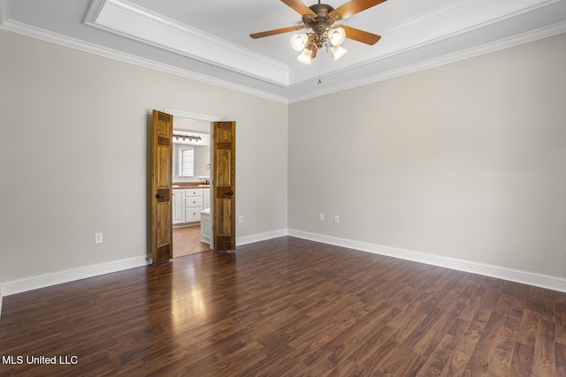 221 Penny Ln, Brandon, MS 39042 - unfurnished room with a ceiling fan, dark wood-style flooring, ornamental molding, and baseboards