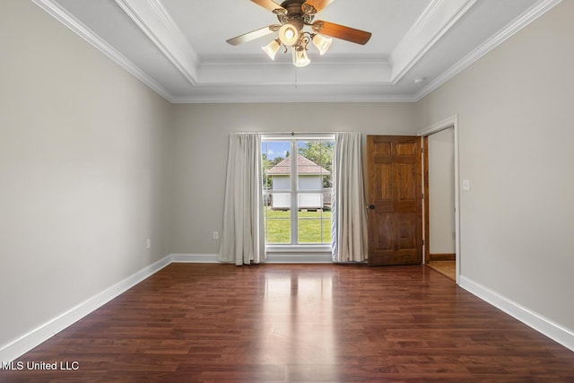 221 Penny Ln, Brandon, MS 39042 - empty room with a tray ceiling, wood finished floors, ceiling fan, baseboards, and crown molding