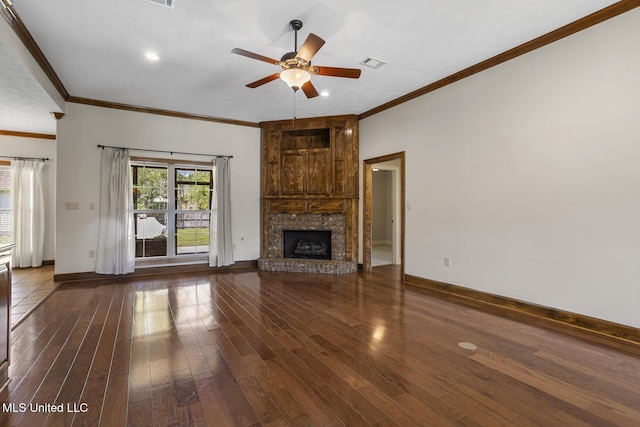 221 Penny Ln, Brandon, MS 39042 - unfurnished living room with ceiling fan, ornamental molding, dark wood finished floors, baseboards, and a fireplace