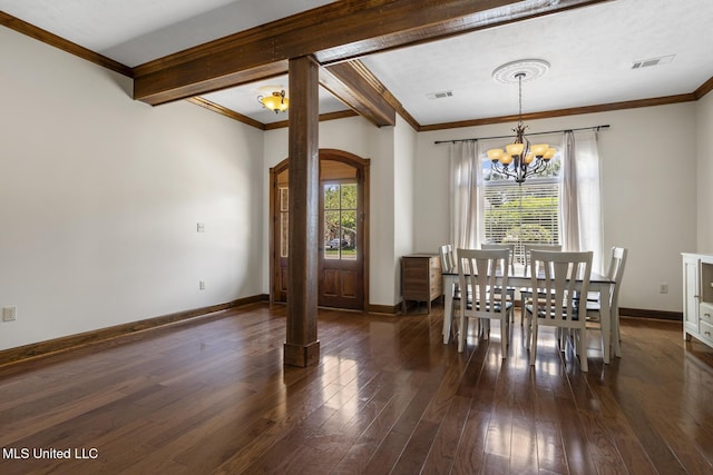 221 Penny Ln, Brandon, MS 39042 - dining room with a chandelier, baseboards, dark wood finished floors, crown molding, and beam ceiling