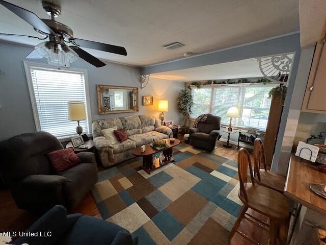 living room featuring ceiling fan and plenty of natural light