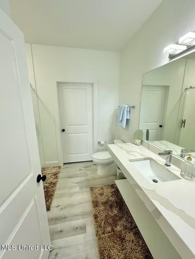 bathroom with vanity, toilet, an enclosed shower, and wood-type flooring