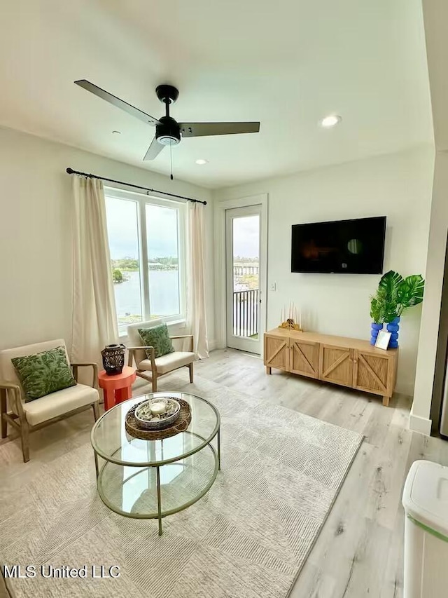 living room with hardwood / wood-style floors and ceiling fan