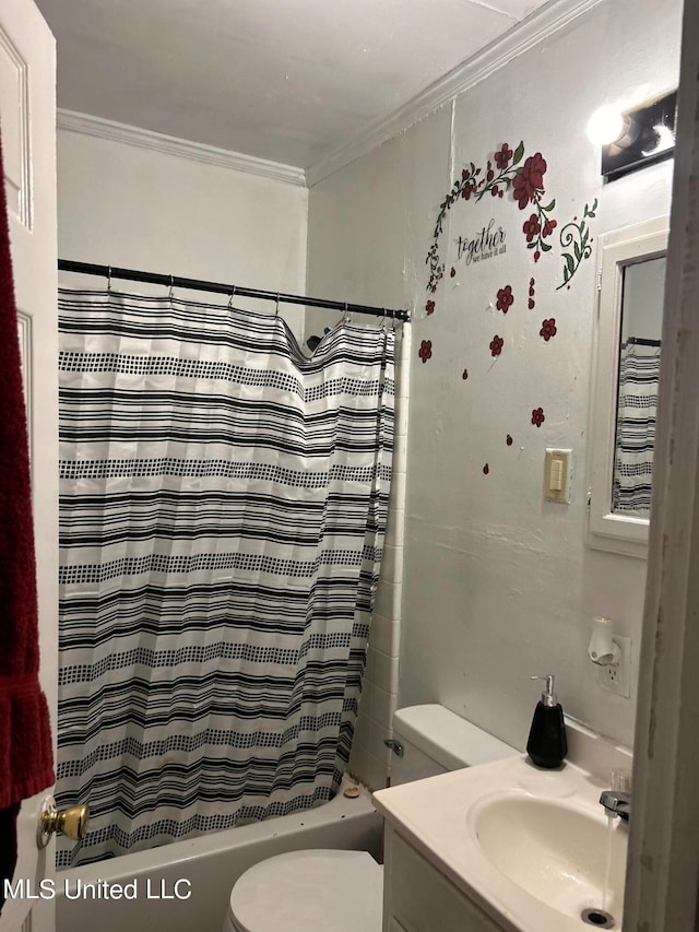 full bathroom featuring vanity, shower / tub combo, crown molding, and toilet