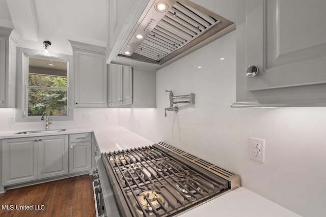 kitchen featuring gray cabinetry, premium range hood, dark wood-type flooring, sink, and gas stove