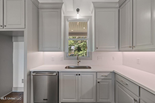 kitchen with white cabinets, stainless steel dishwasher, dark wood-type flooring, and sink