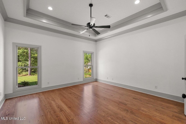 unfurnished room featuring a tray ceiling, a wealth of natural light, hardwood / wood-style flooring, and ceiling fan