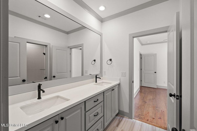 bathroom featuring vanity and wood-type flooring