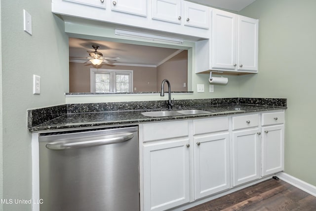 2421 Beachview Dr Unit H2, Ocean Springs, MS 39564 - kitchen featuring stainless steel dishwasher, a sink, dark stone countertops, white cabinetry, and dark wood-style flooring