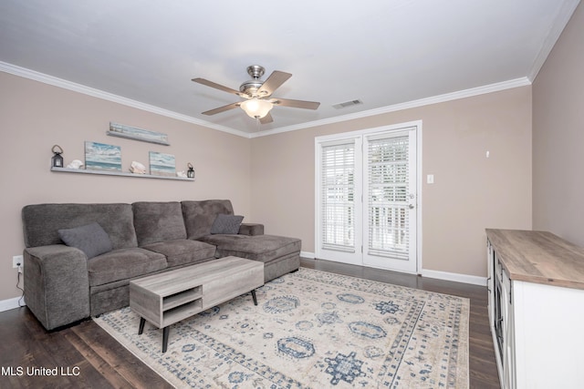 2421 Beachview Dr Unit H2, Ocean Springs, MS 39564 - living room featuring baseboards, dark wood-style floors, crown molding, and ceiling fan
