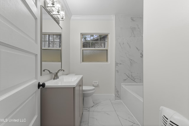 full bathroom with tiled shower / bath combo, toilet, vanity, ornamental molding, and an inviting chandelier