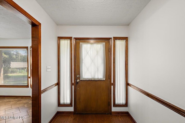 entrance foyer featuring a wealth of natural light, a textured ceiling, and dark hardwood / wood-style flooring