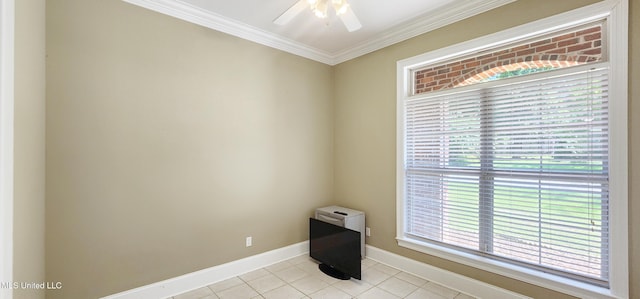 682 Hilo Way, Diamondhead, MS 39525 - spare room featuring light tile patterned floors, ceiling fan, ornamental molding, and plenty of natural light