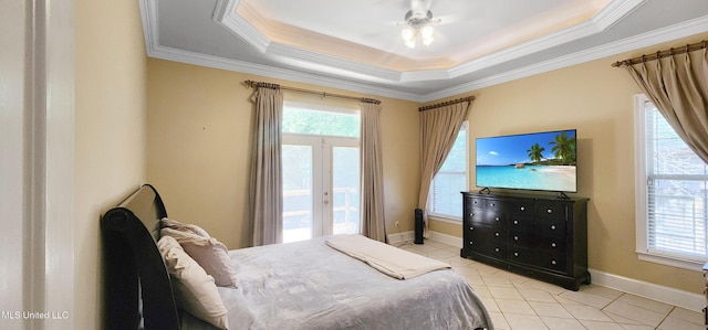 682 Hilo Way, Diamondhead, MS 39525 - bedroom with multiple windows, light tile patterned floors, access to outside, ornamental molding, and a tray ceiling