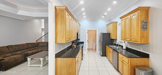 682 Hilo Way, Diamondhead, MS 39525 - kitchen featuring open floor plan, recessed lighting, light tile patterned flooring, appliances with stainless steel finishes, and crown molding
