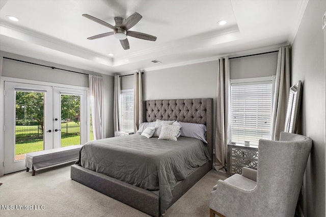 136 S Cypress Lake Blvd, Madison, MS 39110 - carpeted bedroom with french doors, access to exterior, ornamental molding, a tray ceiling, and recessed lighting