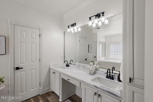 136 S Cypress Lake Blvd, Madison, MS 39110 - full bathroom with wood finished floors, crown molding, double vanity, and a bath