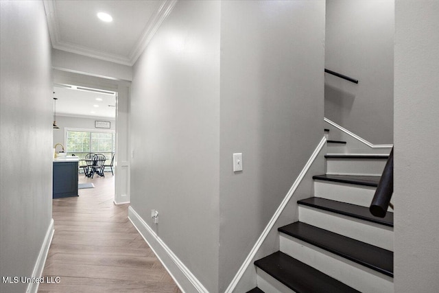136 S Cypress Lake Blvd, Madison, MS 39110 - staircase featuring ornamental molding, wood finished floors, and recessed lighting