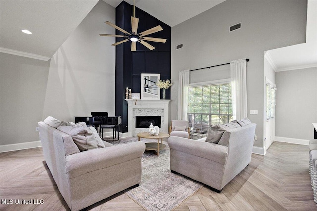 136 S Cypress Lake Blvd, Madison, MS 39110 - living area featuring a premium fireplace, high vaulted ceiling, crown molding, ceiling fan, and recessed lighting