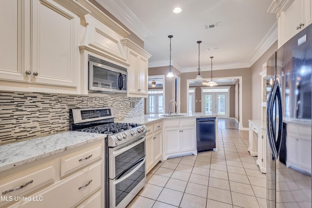 136 Sea Oaks Blvd, Long Beach, MS 39560 - kitchen with black appliances, light tile patterned floors, tasteful backsplash, a peninsula, and ornamental molding