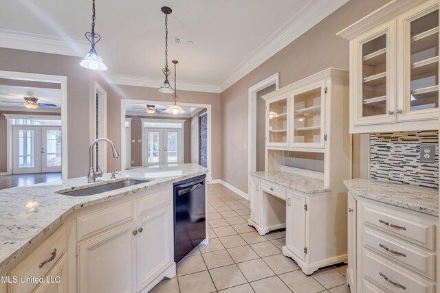 136 Sea Oaks Blvd, Long Beach, MS 39560 - kitchen with dishwasher, a ceiling fan, light tile patterned floors, decorative light fixtures, and ornamental molding