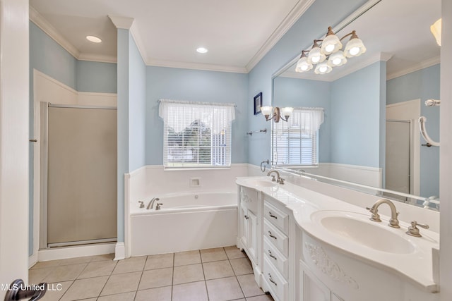 136 Sea Oaks Blvd, Long Beach, MS 39560 - full bath with a bath, a stall shower, double vanity, tile patterned flooring, and crown molding