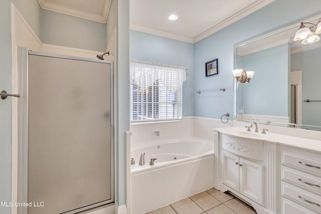 136 Sea Oaks Blvd, Long Beach, MS 39560 - full bathroom with vanity, tile patterned flooring, a jetted tub, a stall shower, and crown molding