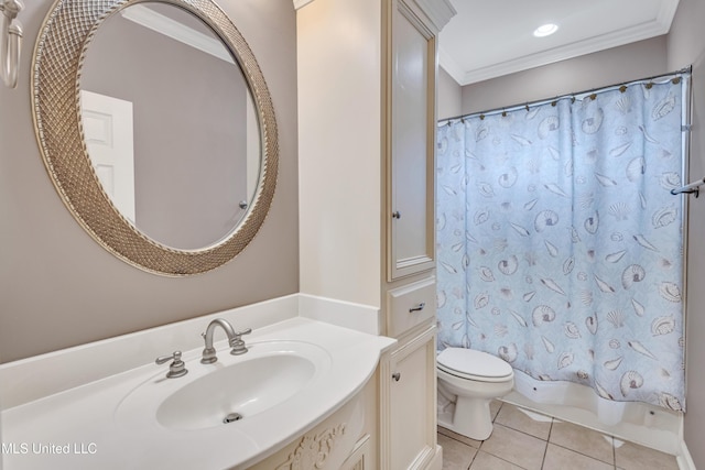 full bathroom featuring ornamental molding, vanity, shower / tub combo with curtain, tile patterned flooring, and toilet