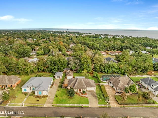 aerial view featuring a water view