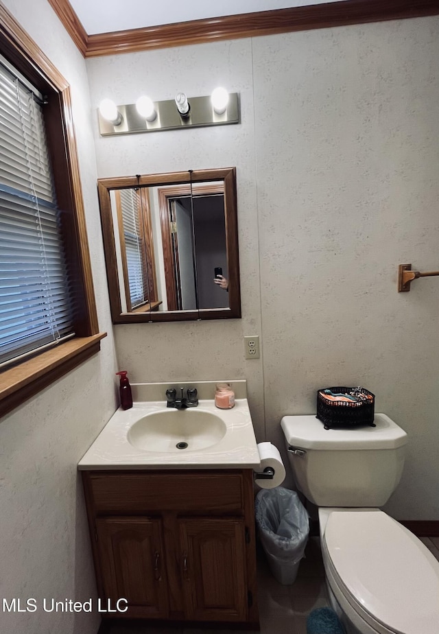 bathroom featuring toilet, vanity, and ornamental molding