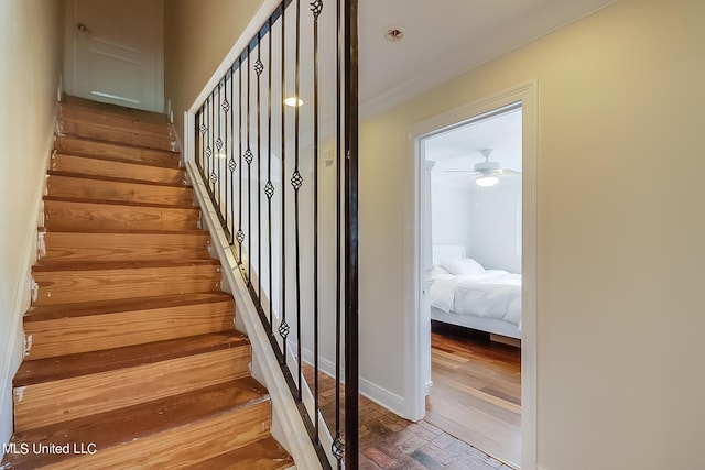 stairway with ceiling fan, crown molding, and wood-type flooring