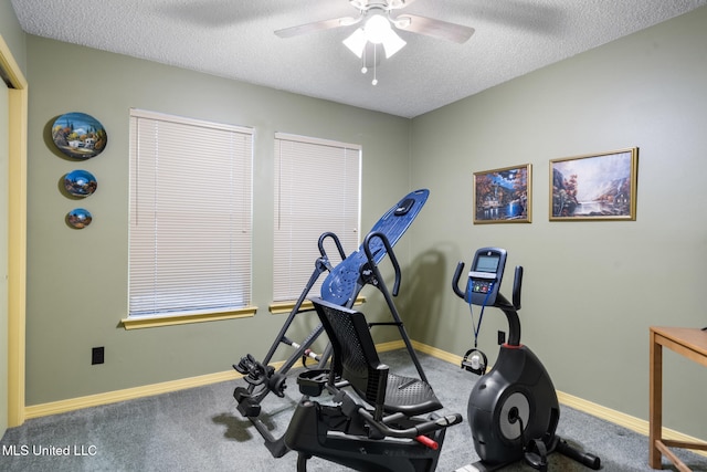 2804 Oakridge Cir, Gulfport, MS 39507 - exercise area featuring carpet flooring, a ceiling fan, baseboards, and a textured ceiling