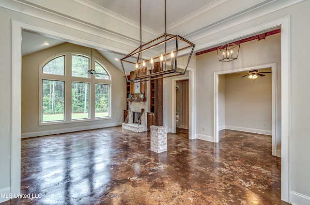 unfurnished dining area with ceiling fan with notable chandelier, lofted ceiling, and crown molding